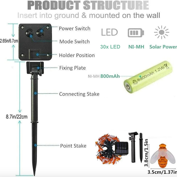 BeeLights, lampa solară cu 30 de lumini LED în formă de albine - Image 2