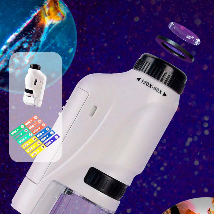 Microscopul pentru Copii are o lumină LED pentru o vizibilitate și mai bună a obiectelor mărite, și primești 12 plăcuțe de observație în set!