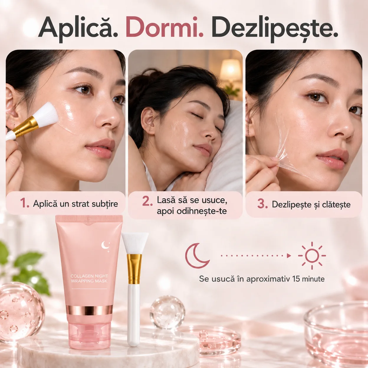Ingrediente precum acidul hialuronic și glicerina hidratează pielea, estompează liniile fine și creează o barieră protectoare.